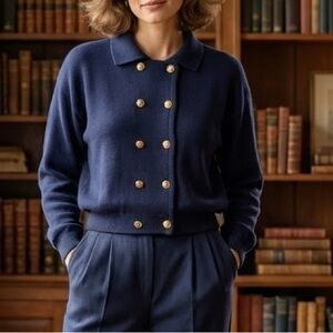 Vintage 80s Navy Blue Military Style Cardigan Gold Buttons Preppy Old Money L